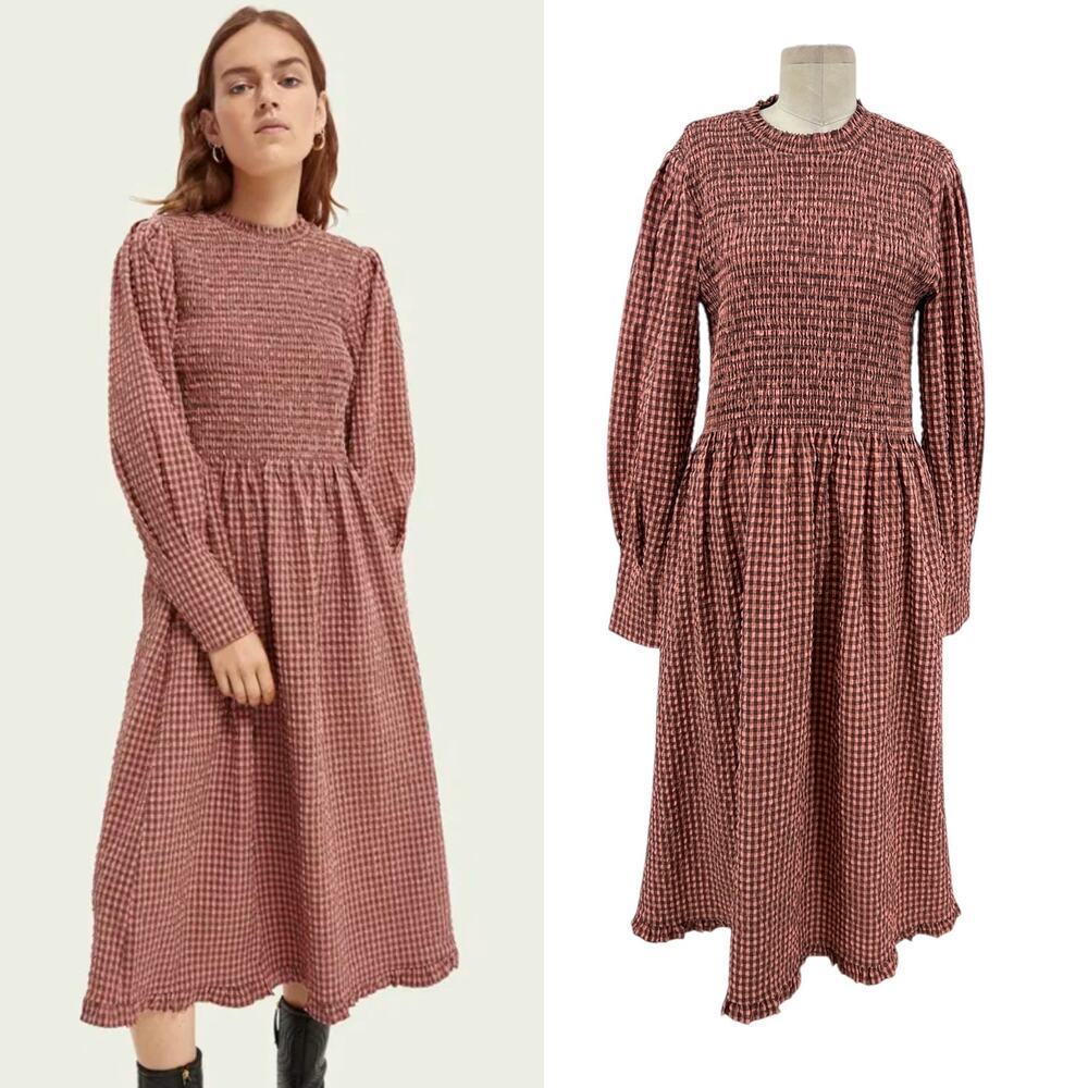 Scotch & Soda Smocked Seersucker Plaid Midi Dress Coral Pink Size XL
